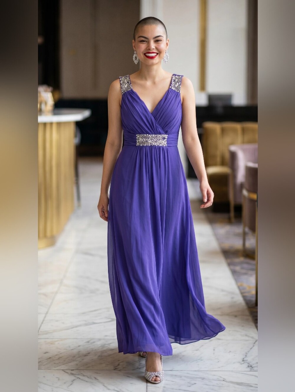 CONAIL Elegant V-Neck Purple Evening Gown with Embellished Waist SIZE LARGE